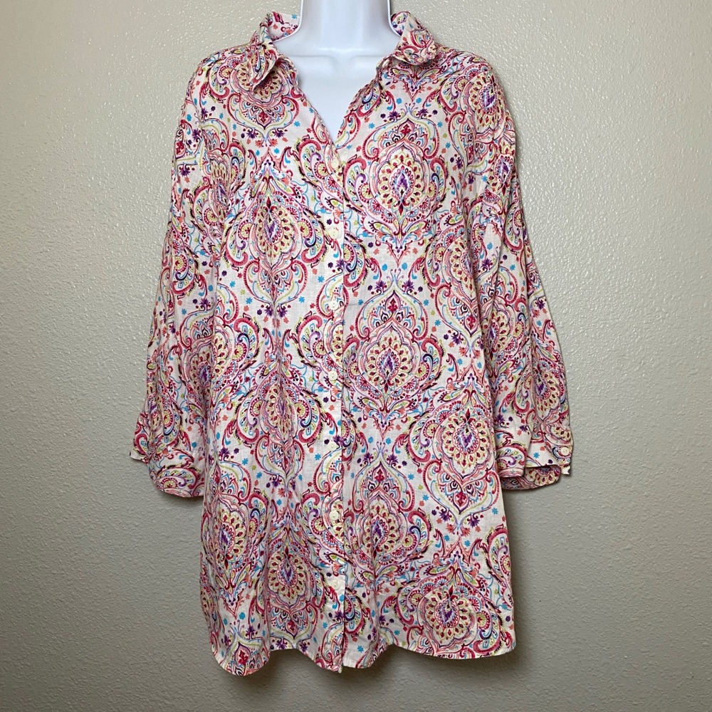 Chico's 100% Linen No Iron Paisley Print Shirt Size 4 Bohemian Hippie Colorful